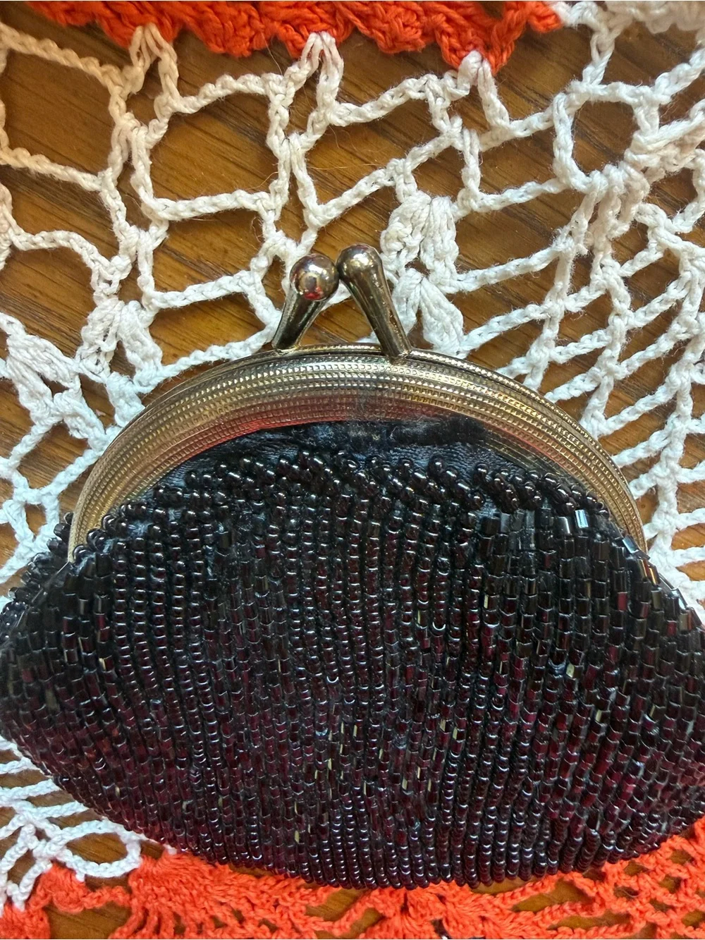 Vintage Black Hand Beaded Kiss Lock Evening Purse